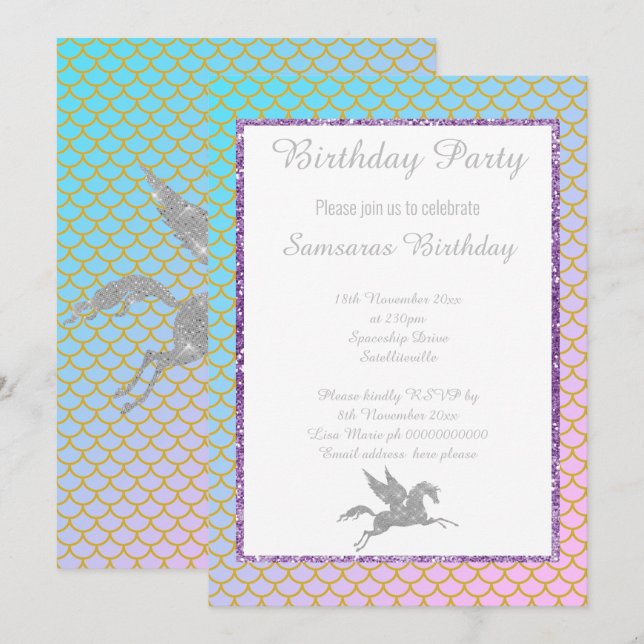 SILVER UNICORN PASTEL MERMAID PATTERN BIRTHDAY INVITATION (Front/Back)