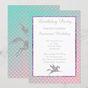 SILVER UNICORN PASTEL MERMAID PATTERN BIRTHDAY INVITATION