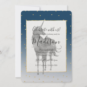 Silver Unicorn Shine Bright Gold Stars Birthday Invitation