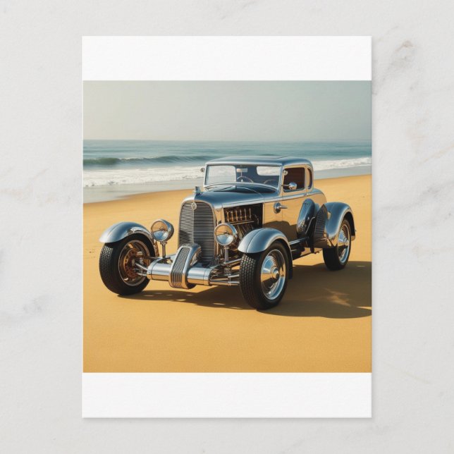 Silver vintage car on the beach postcard (Front)