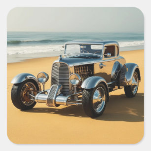 Silver vintage car on the beach square sticker