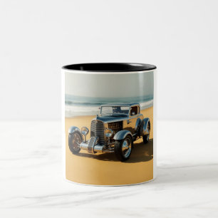 Silver vintage car on the beach Two-Tone coffee mug