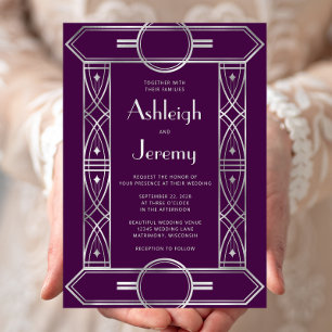 Silver Vintage Deco Frame Purple Wedding Invitation