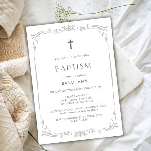 Silver Vintage Frame Baptism Christening Cross Invitation