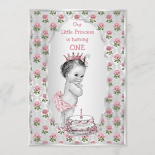 Silver Vintage Princess Pink Roses Birthday Cake Invitation