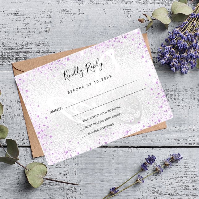 Silver violet glitter butterfly wedding RSVP Card (Creator Uploaded)
