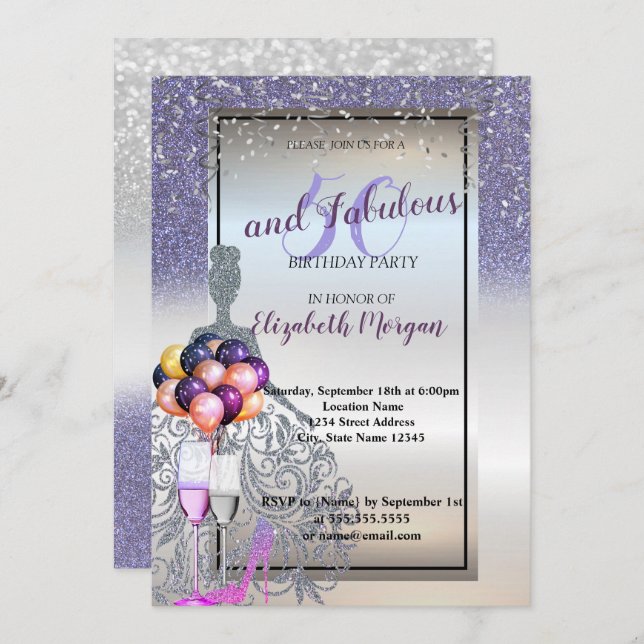 Silver Violet Glitter Dress,50th Birthday Party Invitation (Front/Back)