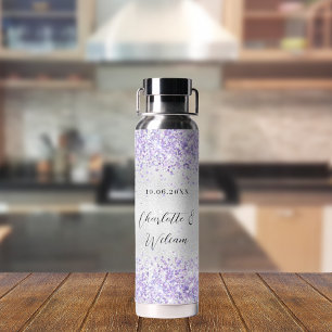 Silver violet glitter elegant wedding water bottle