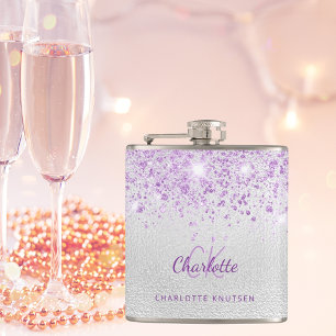 Silver violet glitter monogram best friends bff hip flask