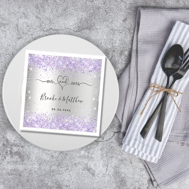 Silver violet glitter mr mrs heart wedding napkins (Creator Uploaded)