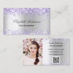 Silver violet glitter photo QR code beauty salon Business Card
