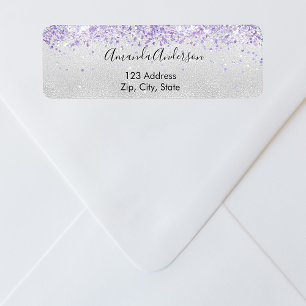 Silver violet glitter sparkle return address label