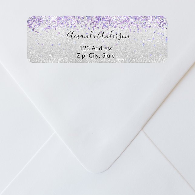Silver violet glitter sparkle return address label (Creator Uploaded)