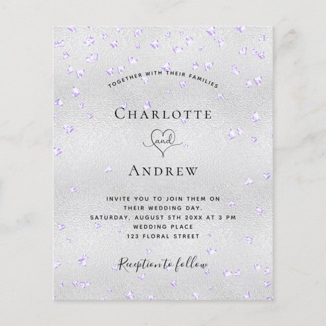 Silver violet hearts budget wedding invitation flyer (Front)
