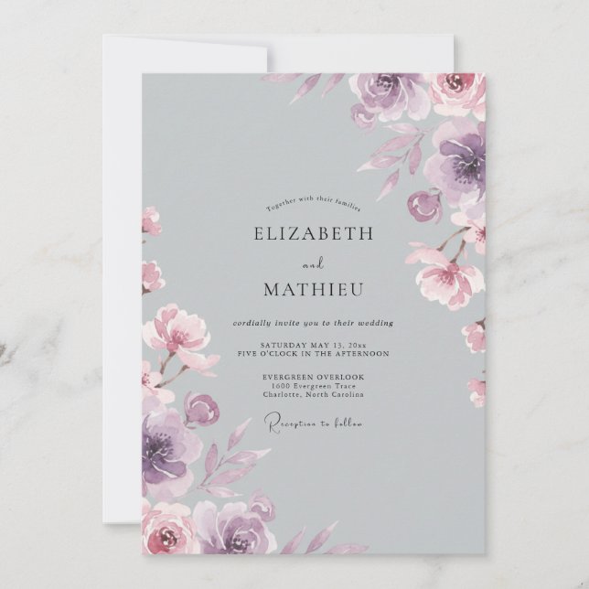 Silver Violet Petal Wedding Invitation (Front)