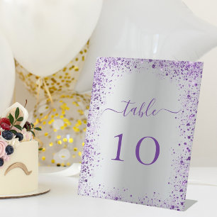 Silver violet purple wedding table number pedestal sign