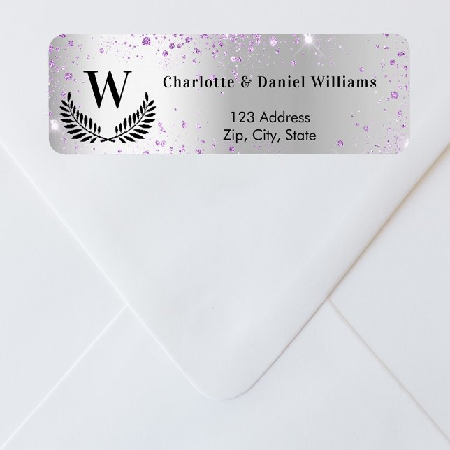 Silver violet sparkles monogram return address label (Creator Uploaded)