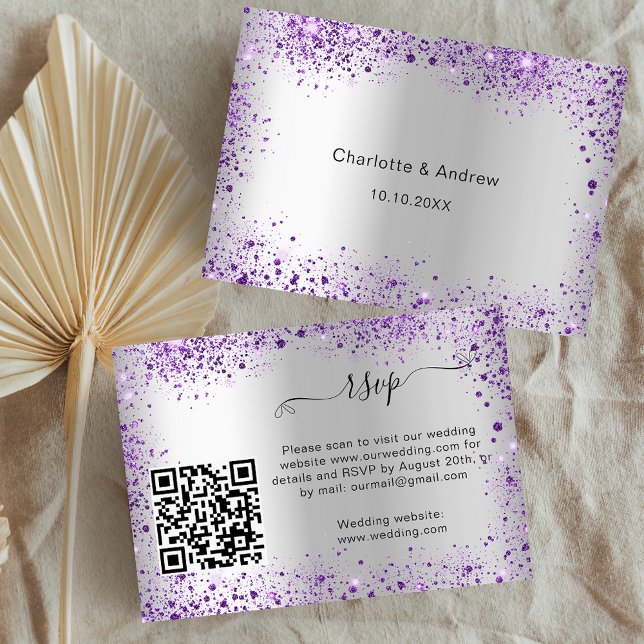 Silver violet wedding response website QR RSVP Enclosure Card (Creator Uploaded)