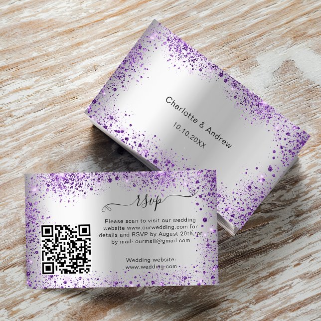 Silver violet wedding response website QR RSVP Enclosure Card (Creator Uploaded)