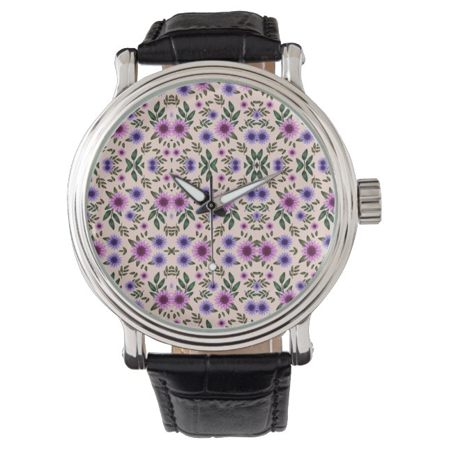 Silver watch with intricate purple and green  (Front)