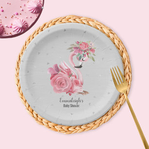 Silver Watercolor Ballerina Flamingo Baby Shower Paper Plate