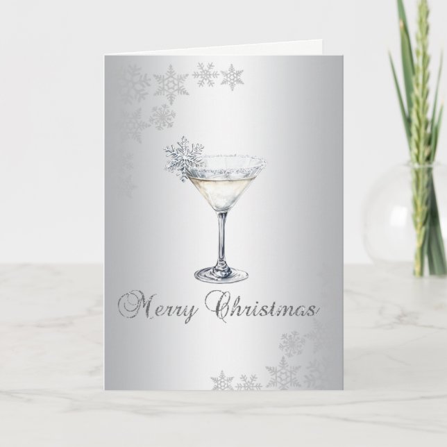  Silver Watercolor Christmas Cocktail Snowflakes Holiday Card (Front)