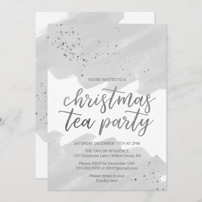 Silver Watercolor Christmas Tea Party Invitation (Front/Back)