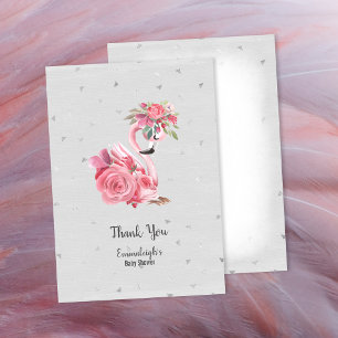 Silver Watercolor Flamingo Ballerina Baby Shower Thank You Card