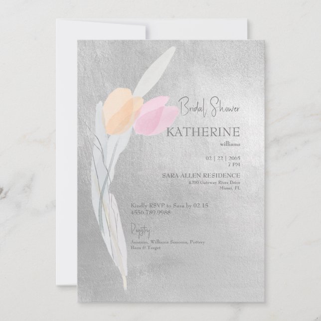  Silver Watercolor Pink Tulip Bridal Shower Invitation (Front)