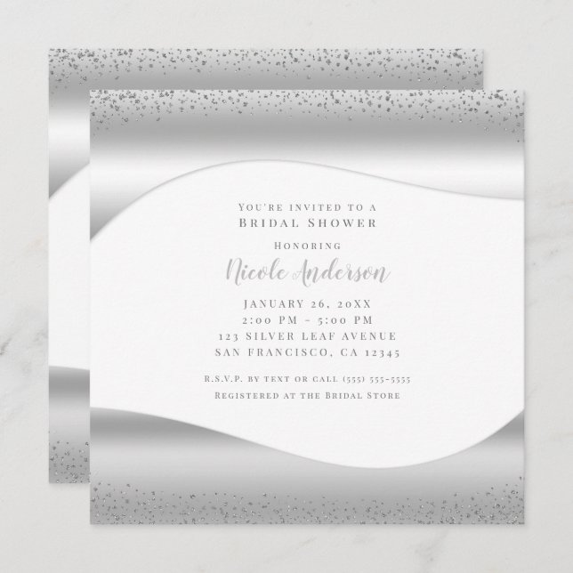 Silver Wave Sparkle Glitter Luxury Bridal Shower Invitation (Front/Back)