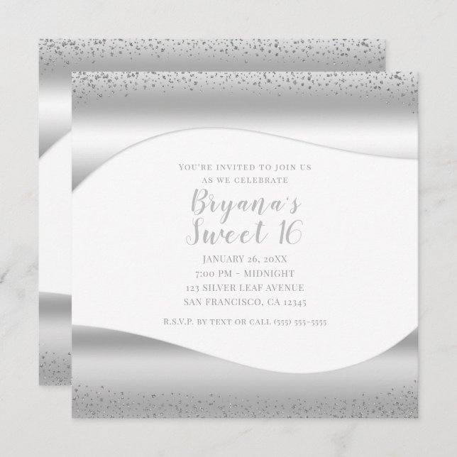 Silver Wave Sparkle Glitter Luxury Glam Sweet 16 Invitation (Front/Back)