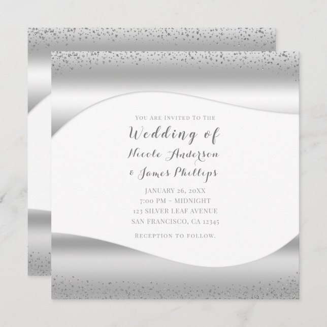 Silver Wave Sparkle Glitter Luxury Glam Wedding Invitation (Front/Back)