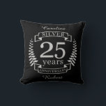 Silver wedding anniversary 25 years cushion<br><div class="desc">A design to celebrate 25 years of marriage. This design has a silver (grey) coloured laurel design on a black background. Silver is the traditional gift for this occasion. The text reads Silver 25 years anniversary. A romantic design to celebrate your 25th year of marriage. If you would like any...</div>