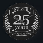 Silver wedding anniversary 25 years large clock<br><div class="desc">A design to celebrate 25 years of marriage. This design has a silver (grey) coloured laurel design on a black background. Silver is the traditional gift for this occasion. The text reads Silver 25 years anniversary. A romantic design to celebrate your 25th year of marriage. If you would like any...</div>