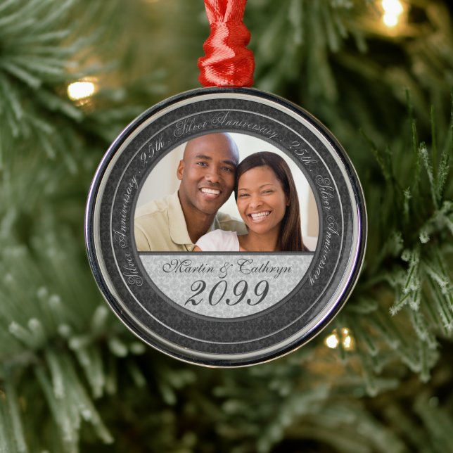 Silver Wedding Anniversary 25th Damask Photo Metal Metal Ornament (Tree)