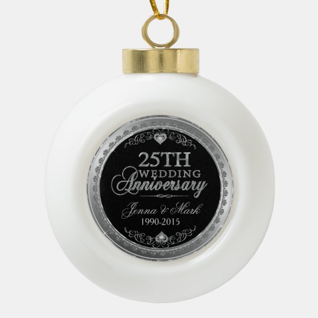 Silver Wedding Anniversary Ceramic Ball Christmas Ornament (Front)