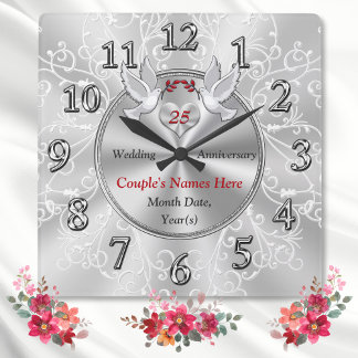 Silver Wedding Anniversary Gift Ideas, Anniversary Square Wall Clock