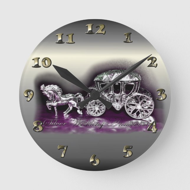 Silver Wedding Anniversary with a Silver Coach Round Clock (Front)