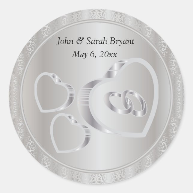 Silver Wedding Hearts and Rings Classic Round Sticker (Front)