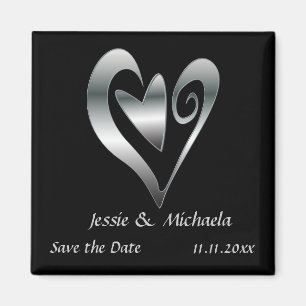 Silver Wedding hearts on Black  Save the Date Magnet