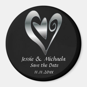 Silver Wedding hearts on Black Save the Date Magnet