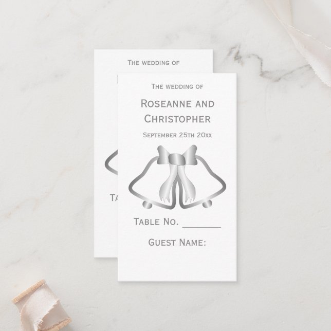 Silver Wedding Place Setting Card Bells Ribbon (Front/Back In Situ)