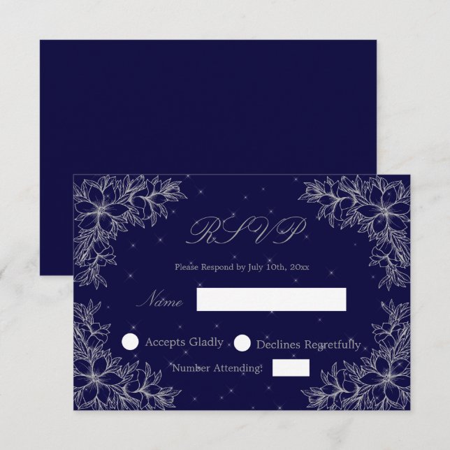 Silver Wedding RSVP with Ornate Floral graphics Card (Front/Back)