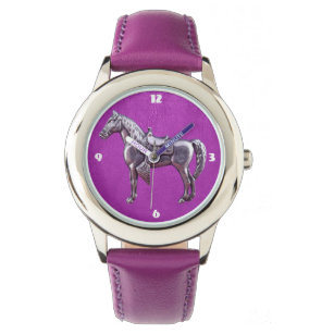 SILVER WESTERN HORSE Purple Leather Watch