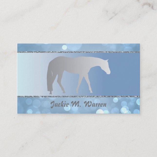 Silver Western Pleasure Horse on Blue Brokeh Business Card (Front)