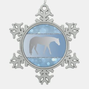 Silver Western Pleasure Horse on Blue Brokeh Snowflake Pewter Christmas Ornament