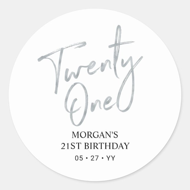 Silver & White 21st Birthday Party Favour Thank yo Classic Round Sticker (Front)