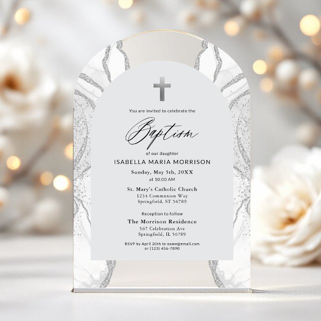 Silver White Agate Baptism Modern Elegant Acrylic Invitations (Creator Uploaded)