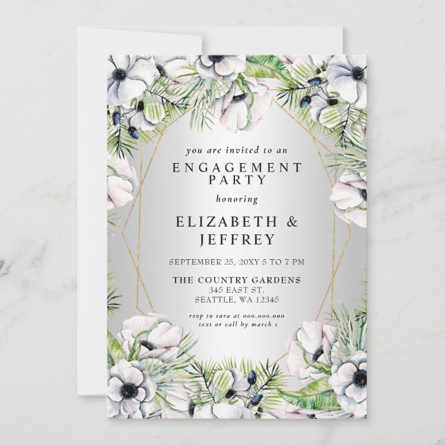 Silver White Anemone Gold Engagement Party  Invitation (Front)