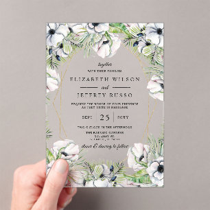 Silver White Anemone Gold Geometric Wedding Acrylic Invitations